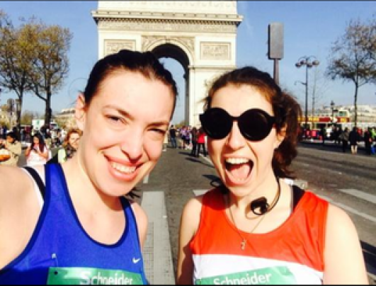 Lucia and Gilly at the Paris Marathon start, April 2015